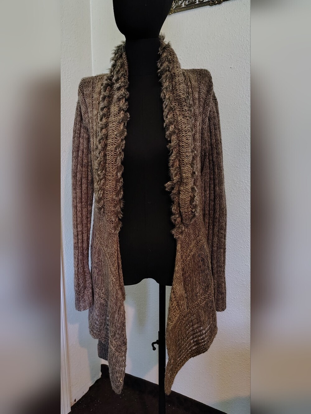 RXB Brown Wool Blend Faux-Fur Trim Belted Boho Cardigan Sweater Women Teen Large - Picture 3 of 13